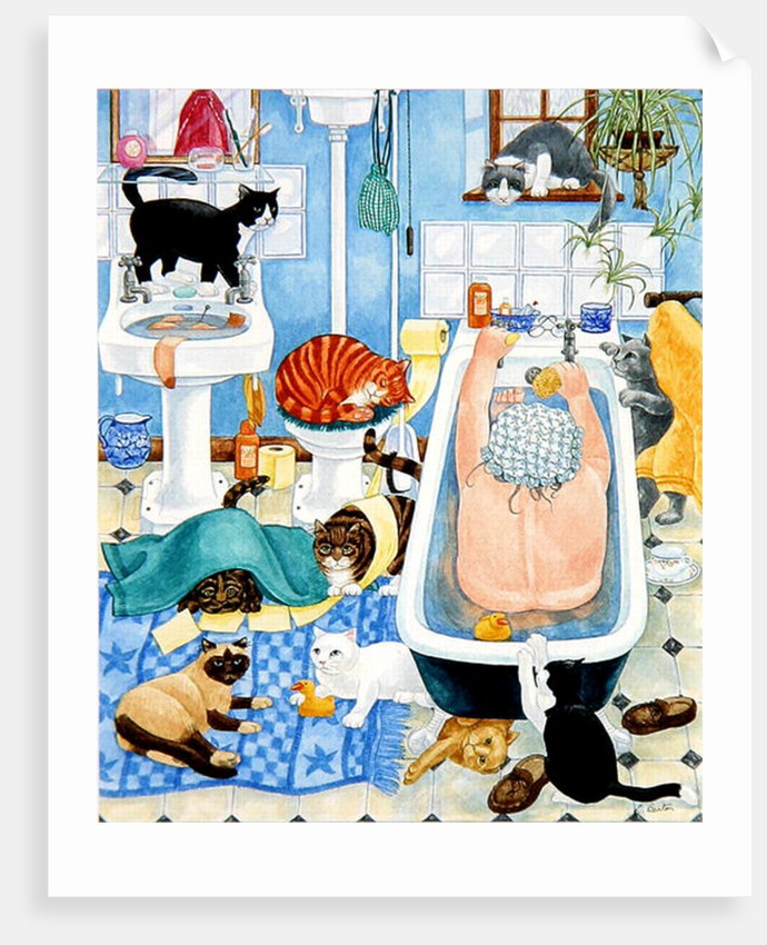 Grandma and 10 cats in the bathroom by Linda Benton