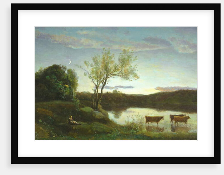 A Pond with three Cows and a Crescent Moon, c.1850 by Jean Baptiste Camille Corot
