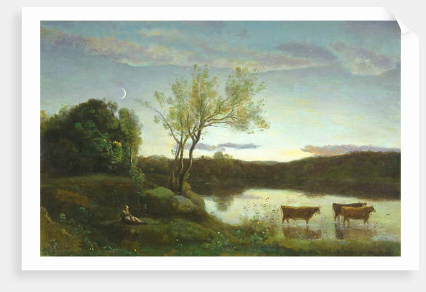 A Pond with three Cows and a Crescent Moon, c.1850 by Jean Baptiste Camille Corot
