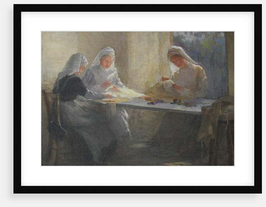 Kensington War Hospital Supply Depot, Three nurses sitting at a table sewing, c.1916 by Catherine Ouless