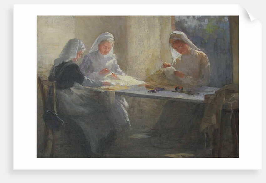 Kensington War Hospital Supply Depot, Three nurses sitting at a table sewing, c.1916 by Catherine Ouless