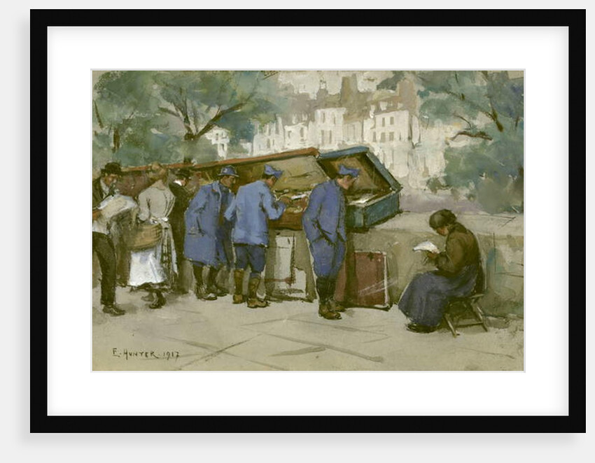 French soldiers and Bouquinistes along the Seine, 1917 by Ethel Hunter