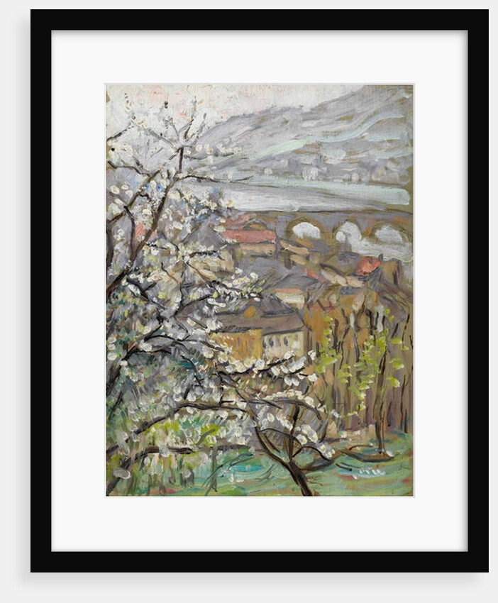 View across an orchard over a bridge and estuary by Arthur Haythorne Studd