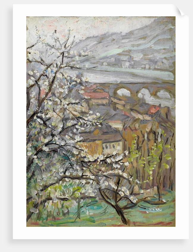 View across an orchard over a bridge and estuary by Arthur Haythorne Studd