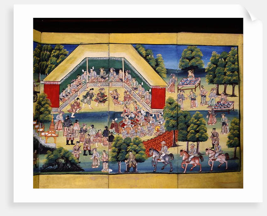 Merit making scene, page from a manuscript by Burmese School