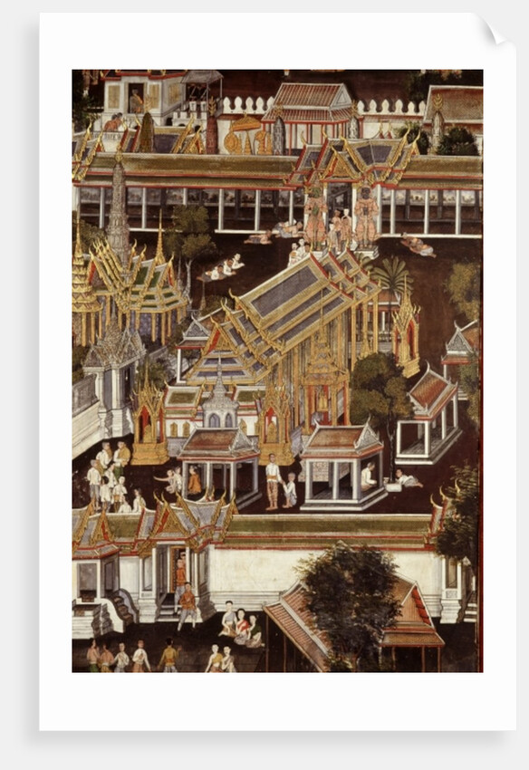 Detail of a mural depicting the Temple of the Emerald Buddha by School Thai