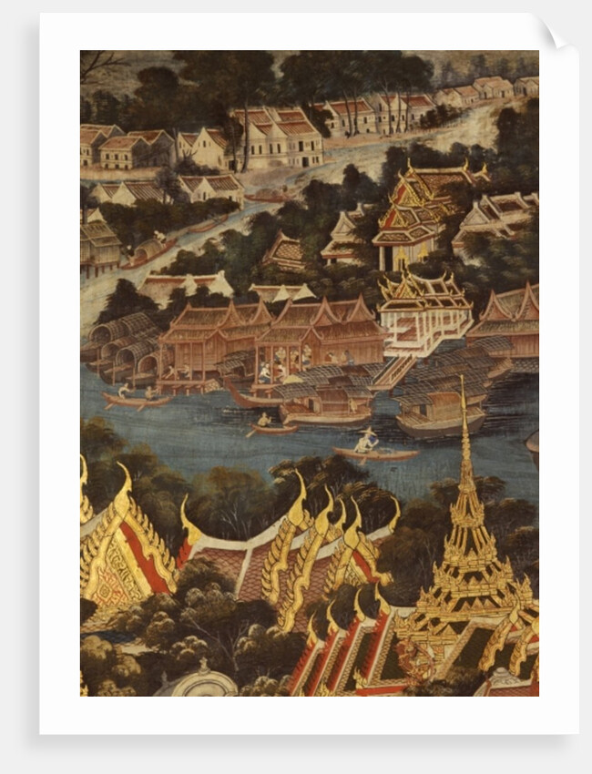 View of Bangkok Royal Palace, the Chao Phraya River and Tonburi, showing wooden Thai houses and brick and stucco Chinese dwellings, 1864 by Thai School