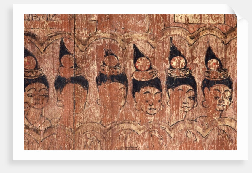 A series of walking damsels painted on the eaves of the roof of Viharn Nam Tam by Thai School