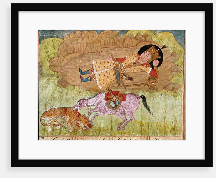 Rostam asleep, near his horse and a slaughtered leopard by School Persian