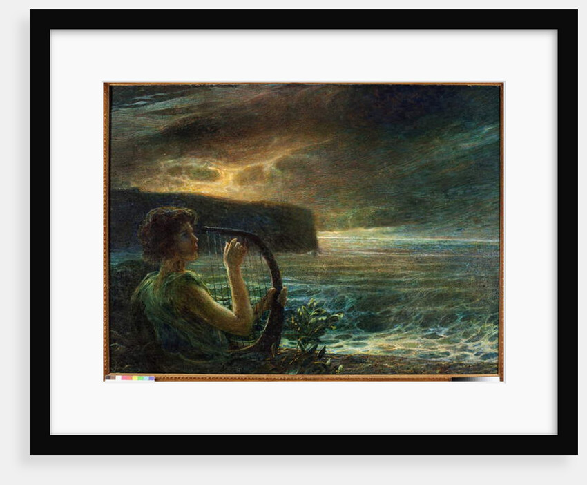 Full moon, Tribute to a feminine deity, playing lyre in a seascape with stormy sky by Plinio Nomellini