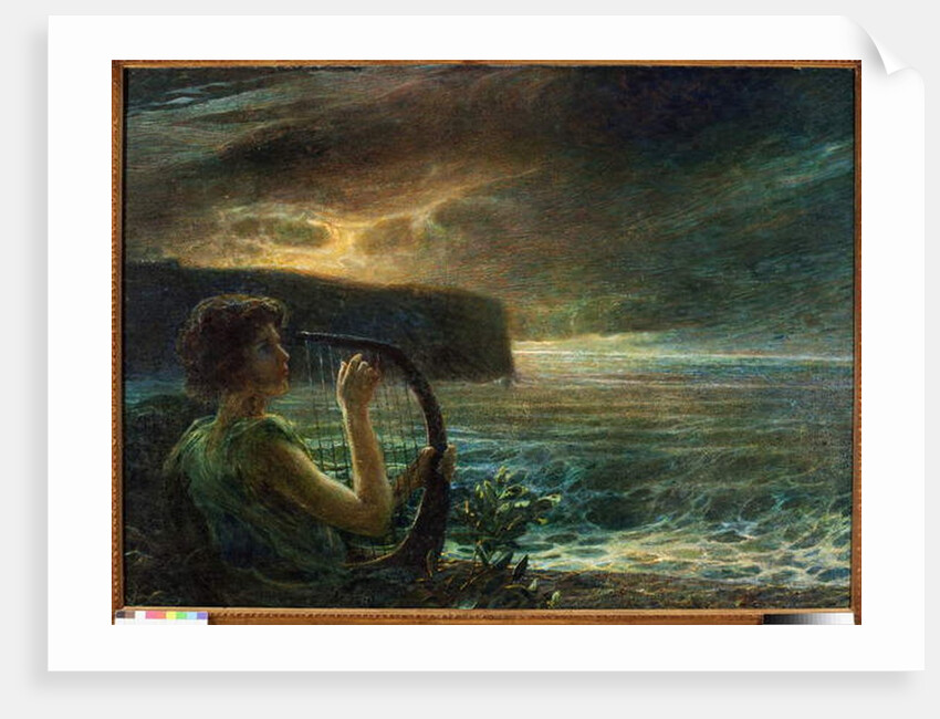 Full moon, Tribute to a feminine deity, playing lyre in a seascape with stormy sky by Plinio Nomellini