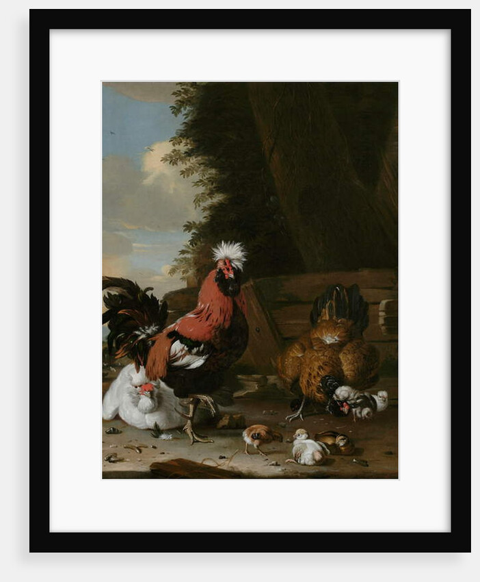 A Bantam Cockerel with Hens and Chicks in a Farmyard by Melchior de Hondecoeter