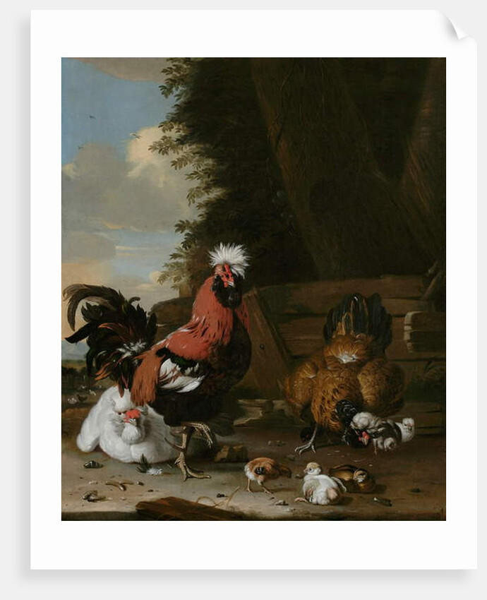 A Bantam Cockerel with Hens and Chicks in a Farmyard by Melchior de Hondecoeter