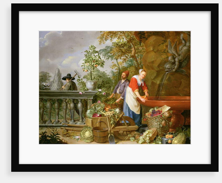 A Maid Washing Carrots at a Fountain with Two Gardeners at Work by Nicolaas or Nicolaes Muys