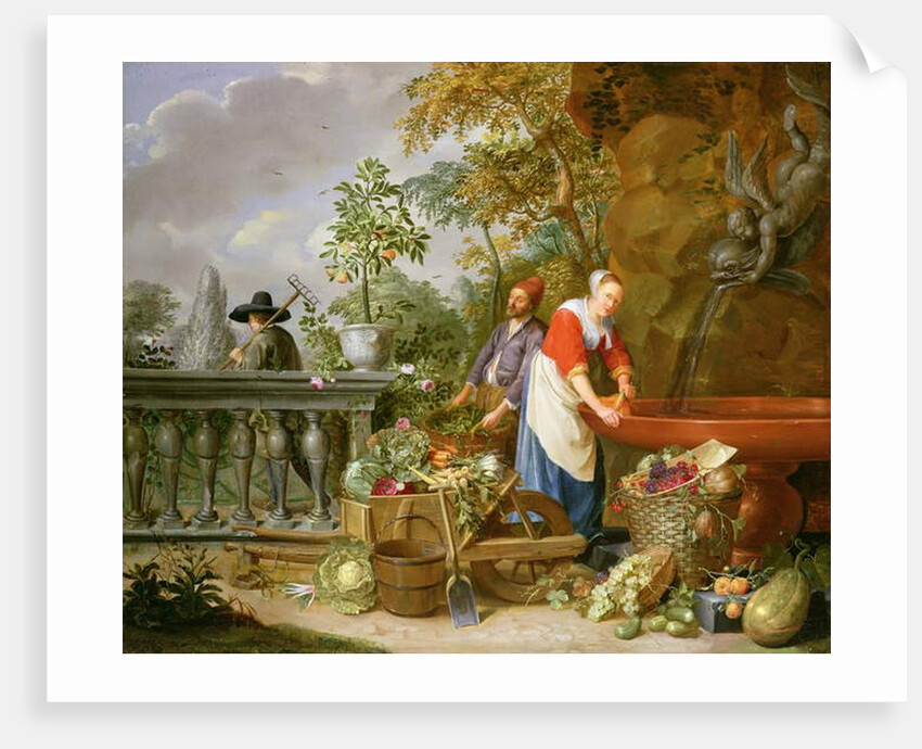 A Maid Washing Carrots at a Fountain with Two Gardeners at Work by Nicolaas or Nicolaes Muys