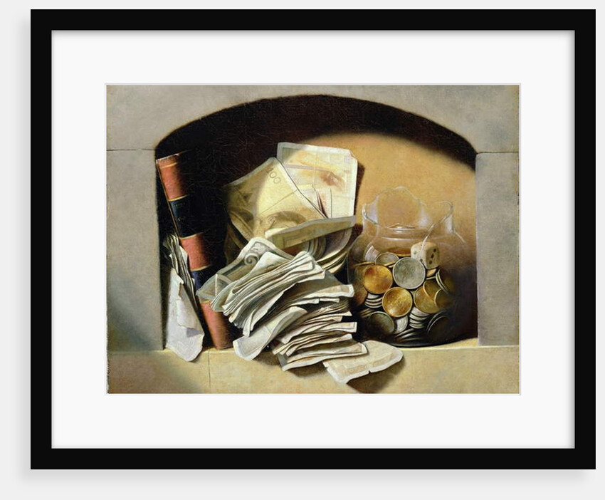 A trompe l'oeil of paper money, coins and a broken glass jar in a niche by French School
