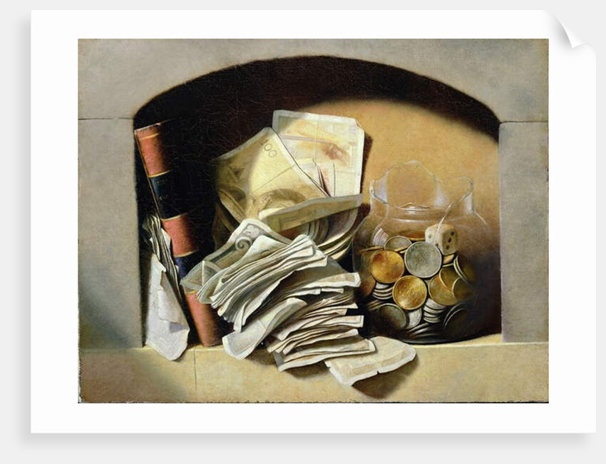 A trompe l'oeil of paper money, coins and a broken glass jar in a niche by French School