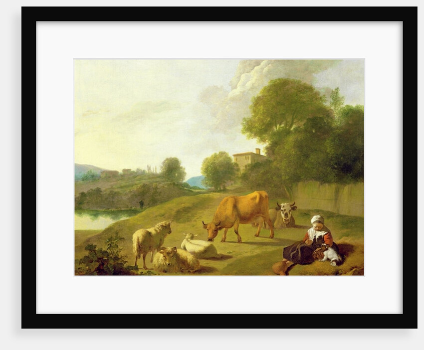 A River Landscape with Cattle, Sheep and a Young Girl Playing with a Dog by Simon van der Does
