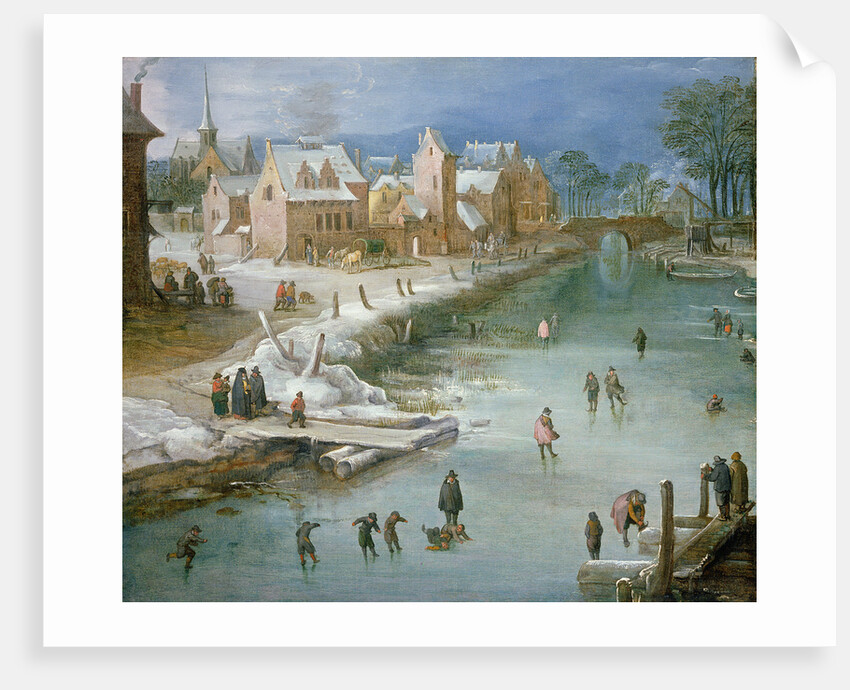 Skaters on a Frozen River Alongside a Town by Joos or Josse de The Younger Momper