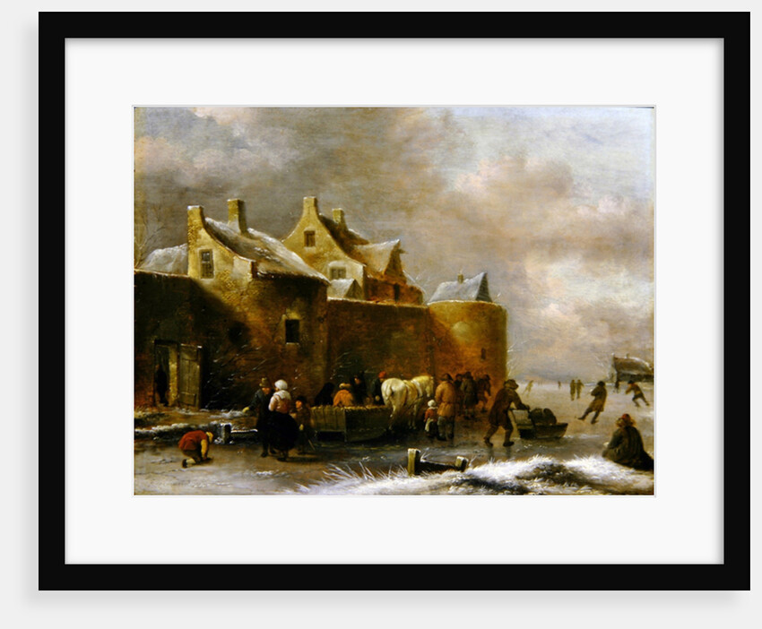 A Winter Landscape with Numerous Figures on a Frozen River Outside the Town Walls by Claes Molenaer