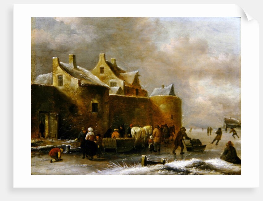 A Winter Landscape with Numerous Figures on a Frozen River Outside the Town Walls by Claes Molenaer