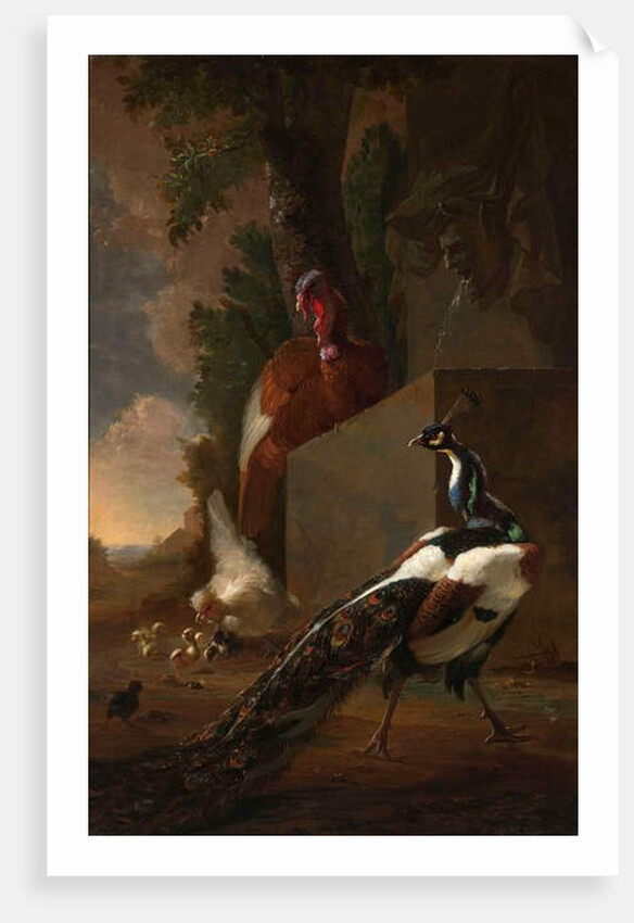 A Peacock, Turkey, and Chicken with her Chicks beside a Classical Fountain in a Landscape by Abraham Bisschop