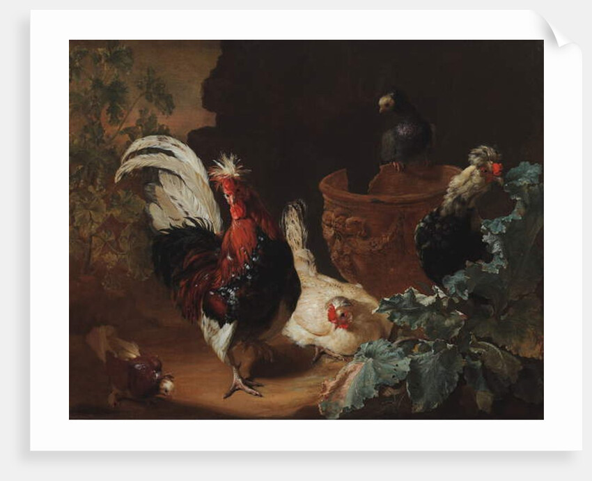 A rooster, two chickens and two pigeons by an antique chipped terra cotta vase in a landscape, 1695 by Abraham Bisschop