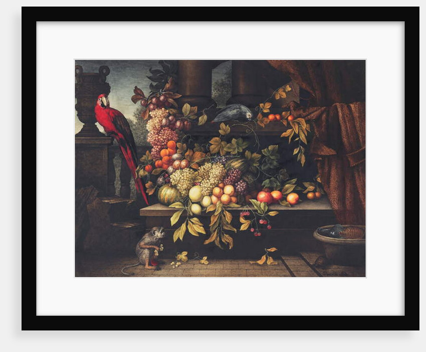 A still life with fruit, wine cooler, monkey, parrots and a turtle in a portico by David Emil Joseph de Noter