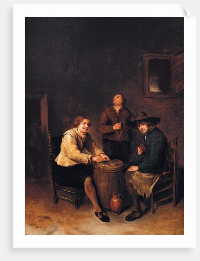 A tavern interior with three peasants merrymaking by Phillips de Koninck