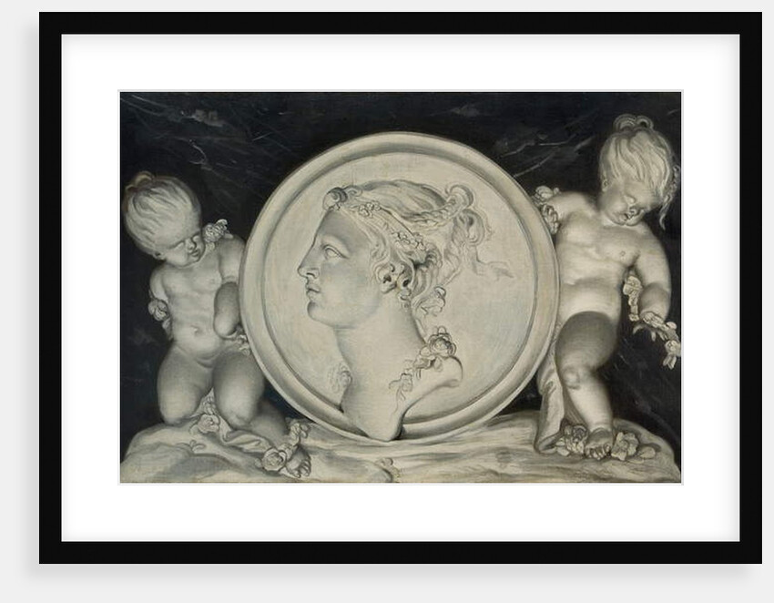 Flora in a painted roundel supported by putti floating on clouds by Jacob Xavery