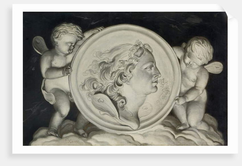 Zephyr in a painted roundel supported by putti floating on clouds by Jacob Xavery