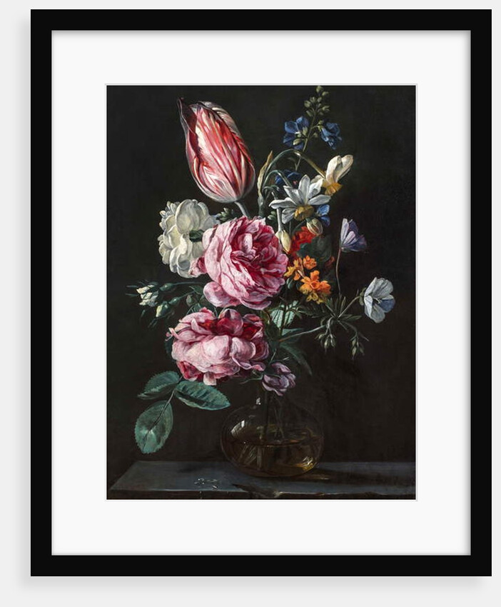 A Bouquet of Narcissus, Parrot Tulip, Roses and Other Flowers in a Glass Vase on a Stone Plinth, c.1650s by Antwerp School