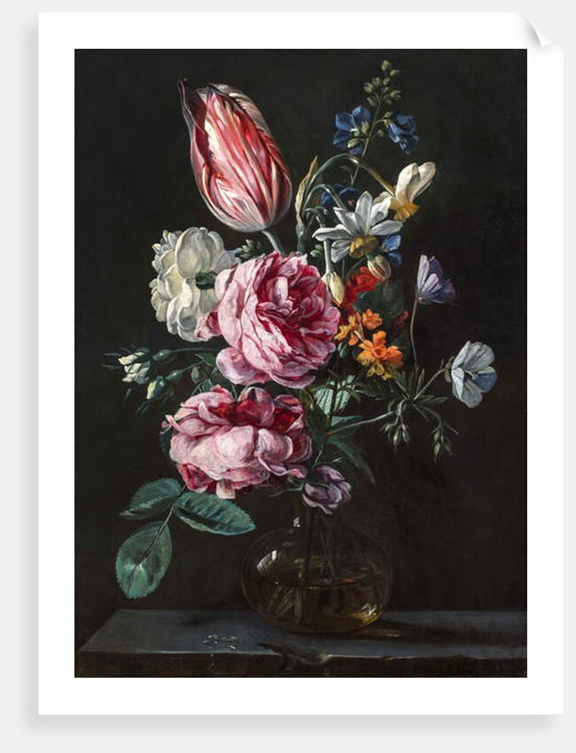 A Bouquet of Narcissus, Parrot Tulip, Roses and Other Flowers in a Glass Vase on a Stone Plinth, c.1650s by Antwerp School
