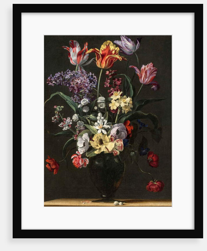 Tulips, Lilies, Daffodils, Lilacs, and Other Flowers in a Glass Vase on a Wooden Ledge, one of a pair, 17th century by Jean Picart