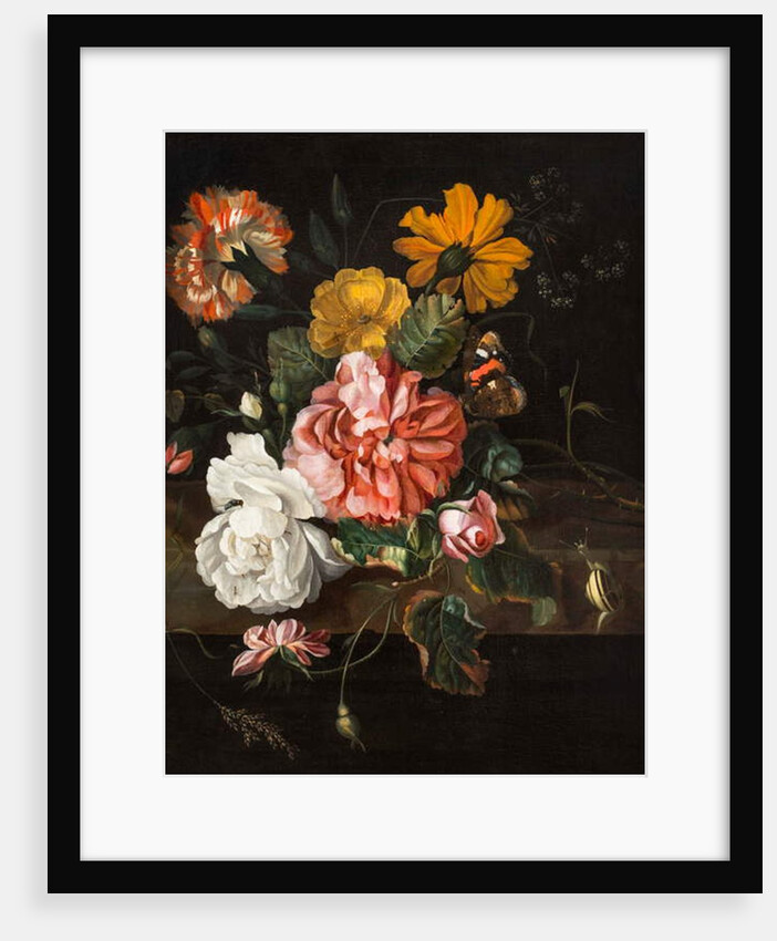 Roses with a Butterfly, Bluebottle and a Snail on a Stone Ledge by Ernst Stuven