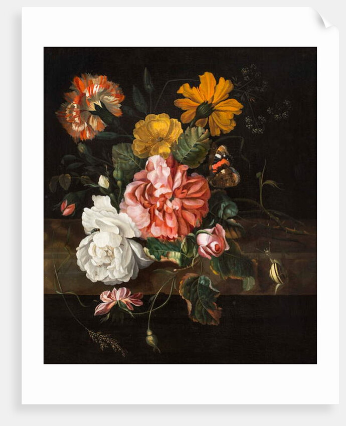 Roses with a Butterfly, Bluebottle and a Snail on a Stone Ledge by Ernst Stuven