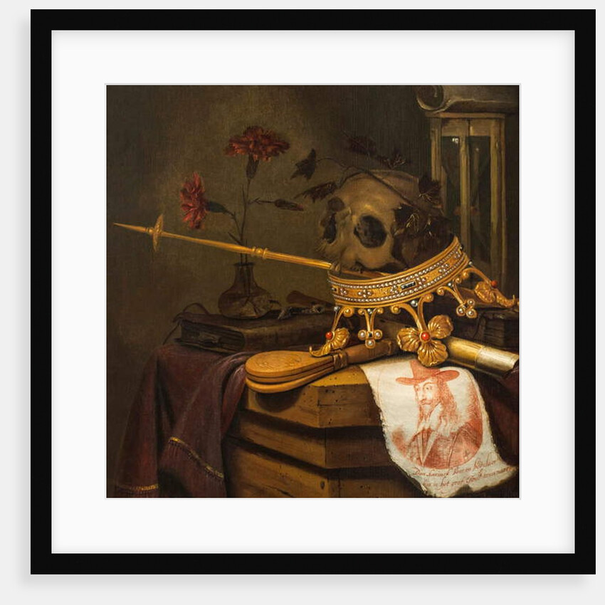 A Vanitas Still Life with a Skull, Crown, Sceptre, Flute, Bellows, Hourglass, Carnations in a Glass Vase, Scroll, Book and an Engraved Portrait of Charles I by Vincent Laurensz van der Vinne