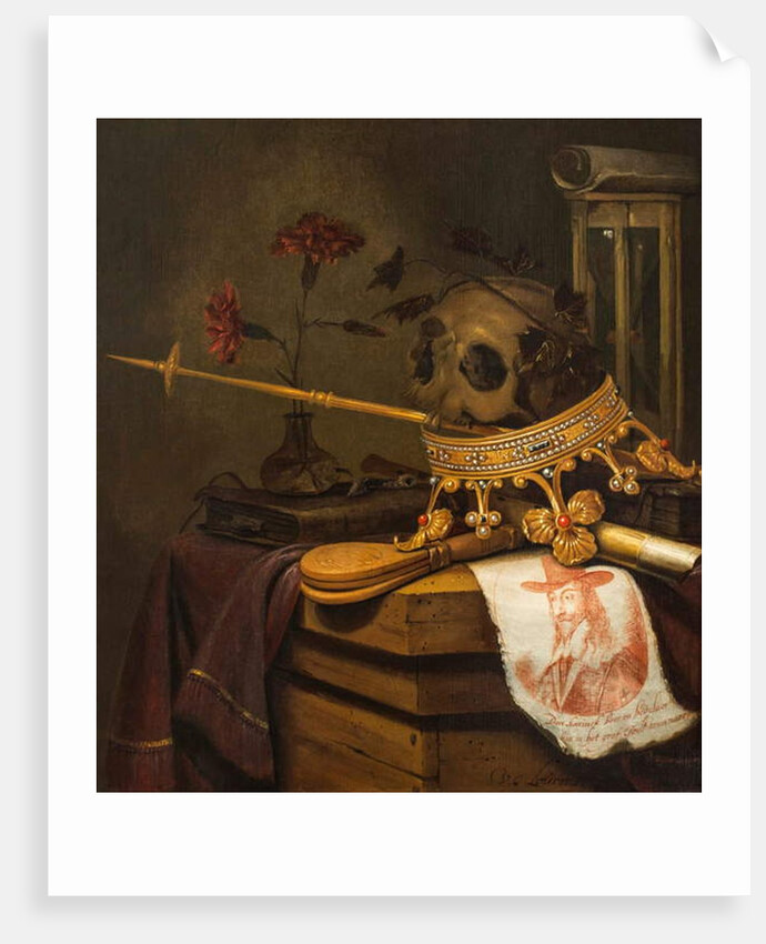 A Vanitas Still Life with a Skull, Crown, Sceptre, Flute, Bellows, Hourglass, Carnations in a Glass Vase, Scroll, Book and an Engraved Portrait of Charles I by Vincent Laurensz van der Vinne