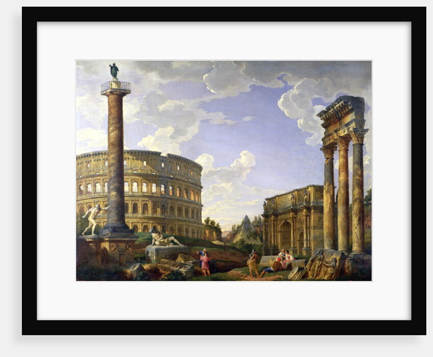 Roman Capriccio Showing the Colosseum, Borghese Warrior, Trajan's Column, the Dying Gaul, Tomb of Cestius, Arch of Constantine and the Temple of Castor and Pollux by Giovanni Paolo Pannini or Panini