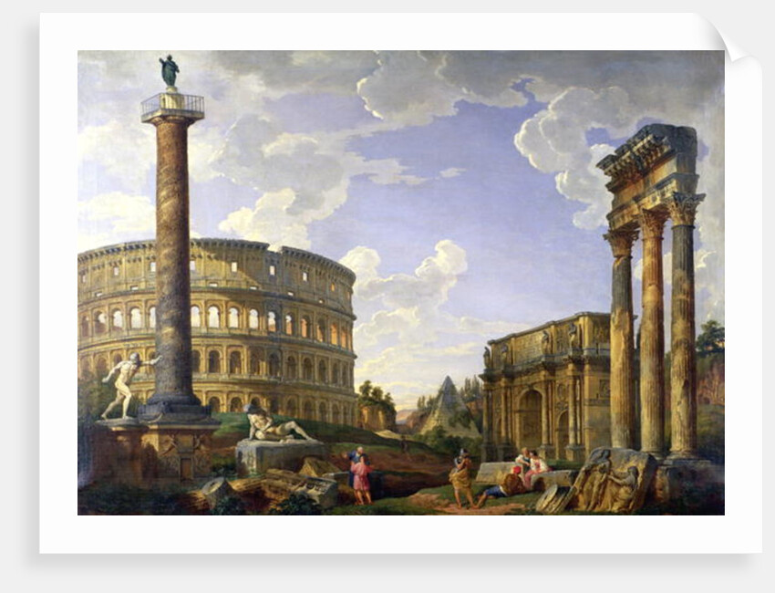 Roman Capriccio Showing the Colosseum, Borghese Warrior, Trajan's Column, the Dying Gaul, Tomb of Cestius, Arch of Constantine and the Temple of Castor and Pollux by Giovanni Paolo Pannini or Panini