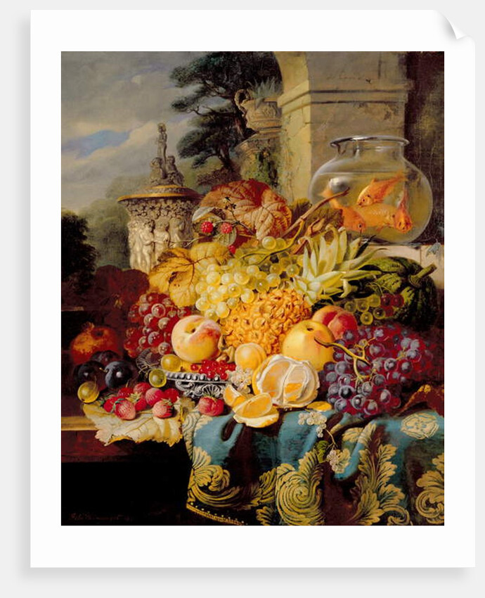 Still life of fruit on a ledge with a goldfish bowl, 1876 by William John Wainwright