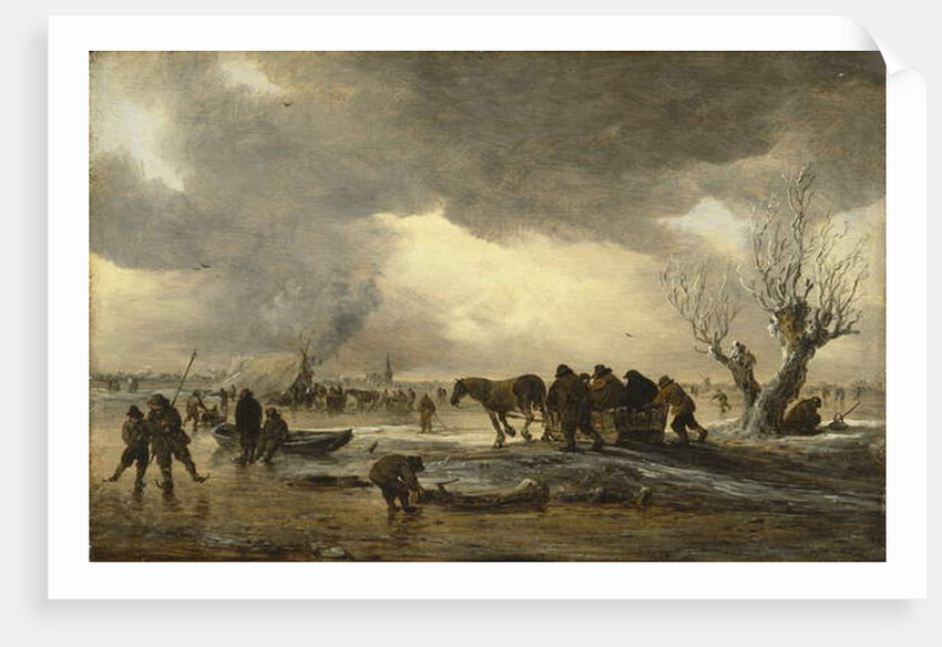Winter scene with a sledge in the foreground and figures gathering round a tent on the ice, 1653 by Jan Josephsz van Goyen