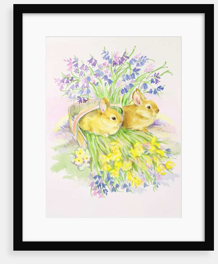 Rabbits in a basket with Daffodils and Bluebells by Diane Matthes