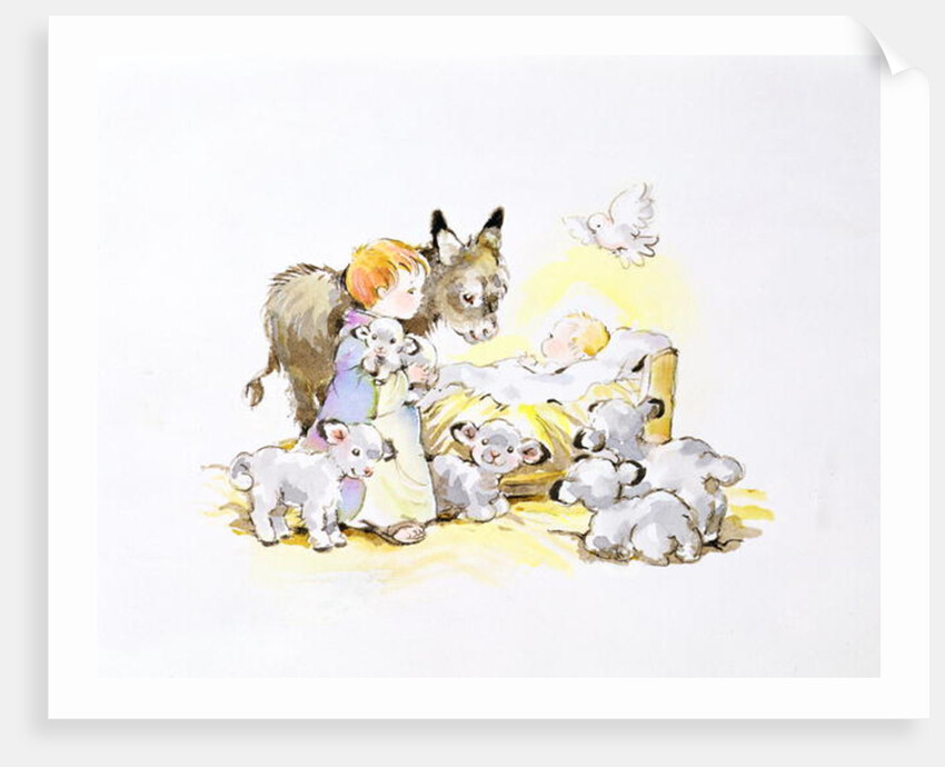 Donkey and Lambs Around a Manger by Diane Matthes