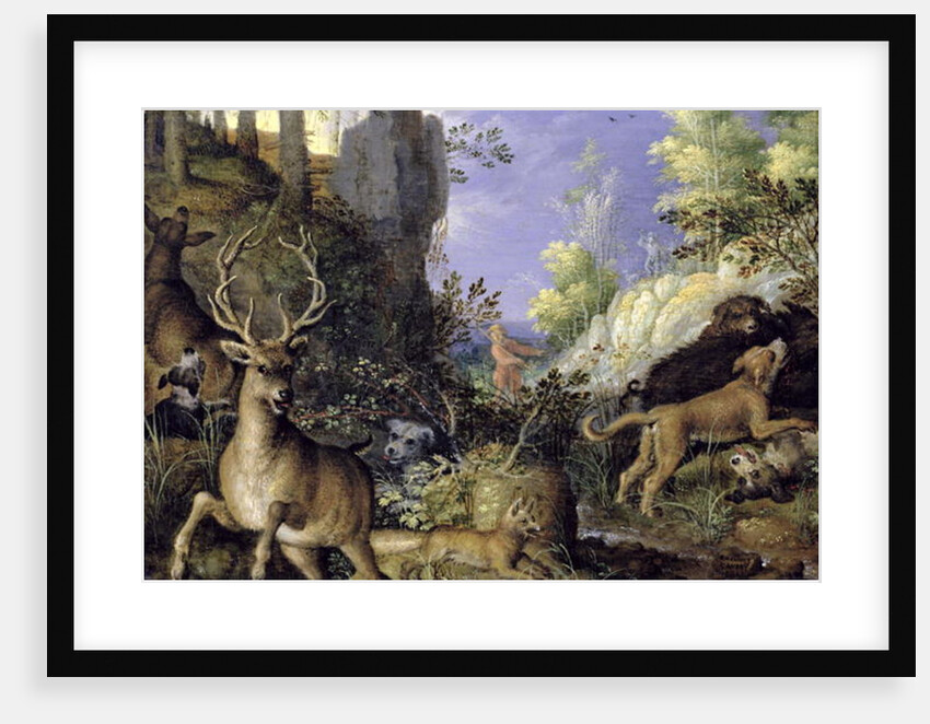 A woodland scene with hunters and animals by Roelandt Jacobsz. Savery