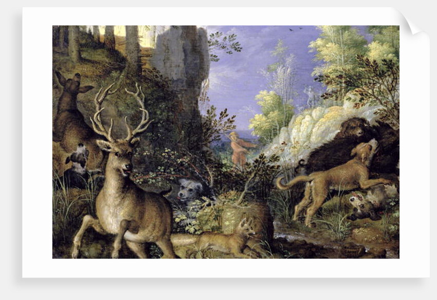 A woodland scene with hunters and animals by Roelandt Jacobsz. Savery
