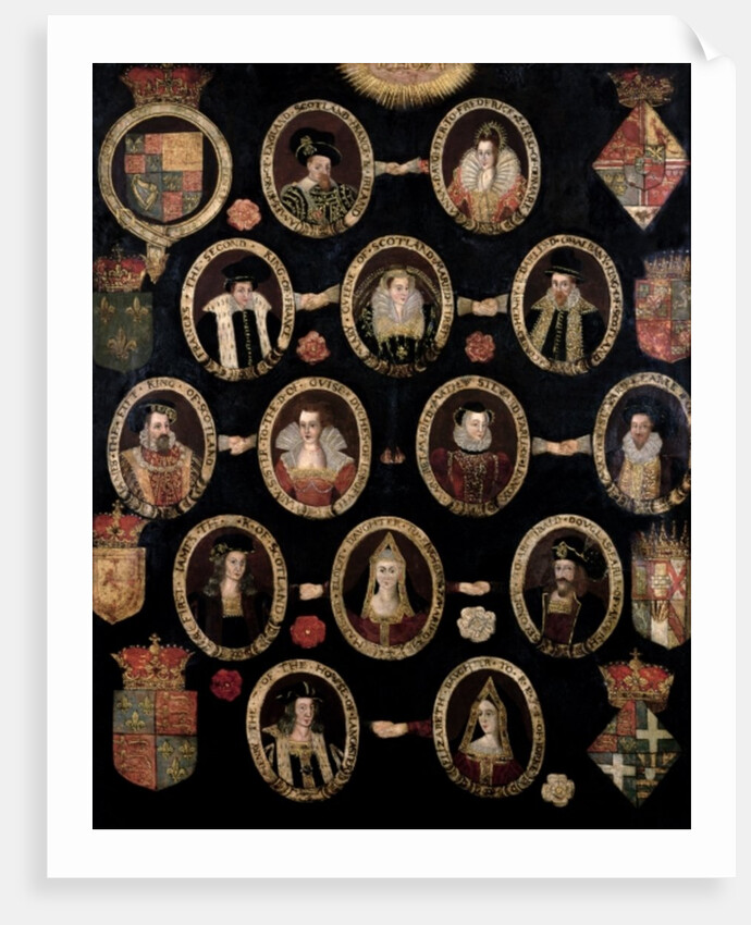 Genealogical chart tracing the Tudor roots of Mary Stuart, Queen of Scots and her son James VI of Scotland and I of England c.1603 by English School