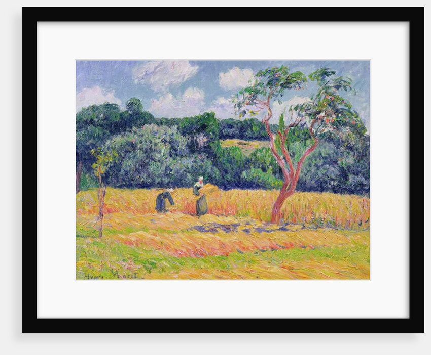 Figures harvesting a wheat field by Henry Moret