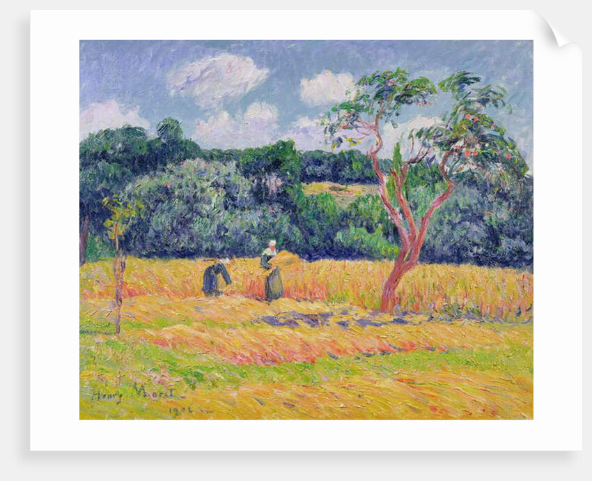 Figures harvesting a wheat field by Henry Moret