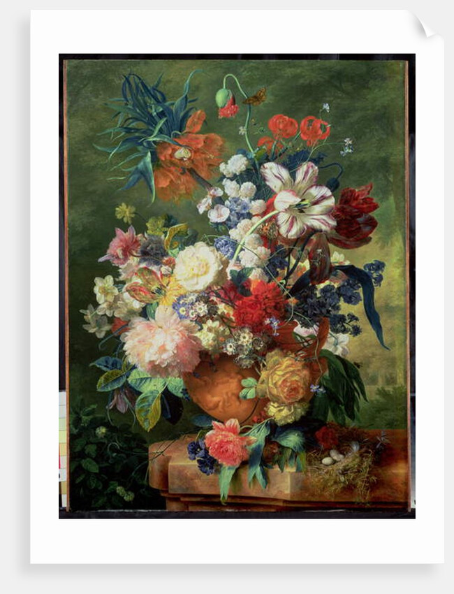 Still Life of Flowers and a Bird's Nest on a Pedestal by Jan van Huysum